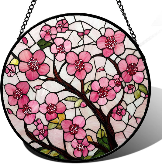 Stained Glass Window Hanging - Cherry Blossoms Birth Flower Suncatcher for Door Garden Patio Sun