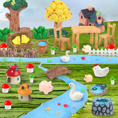 50 Pcs Fairy Garden Miniatures Accessories Bridge House Landscape Water Well Animal Fence Tree Sand Chair Table Pond Mushroom Lawn Ornament for DIY Craft Mini Garden Scenery Succulent Decor