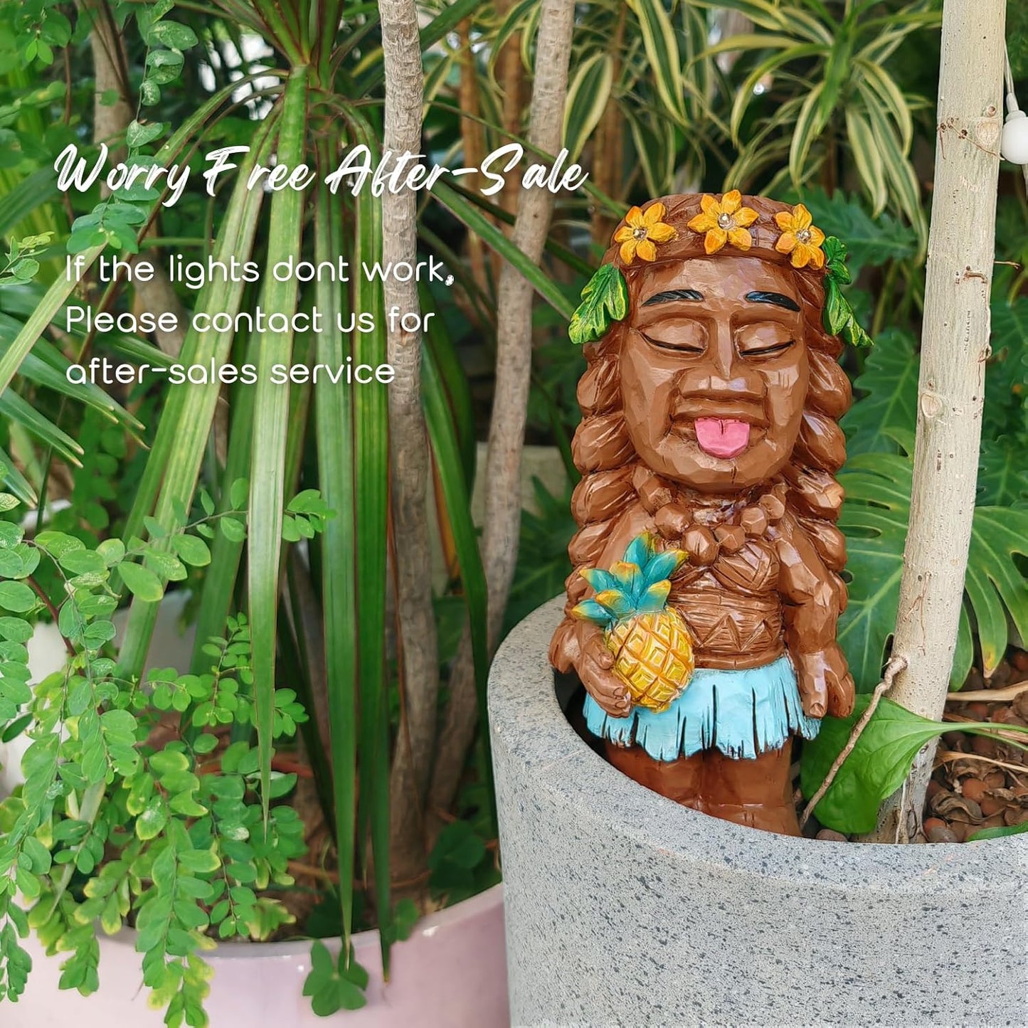 Solar Tiki Girl Garden Statues Tiki Lady Holding Pineapple Figurine with Flower LED Lights Bar Patio Porch Yard Outdoor Decorations Christmas Thanksgiving Birthday Gardening Gift for Mom Women