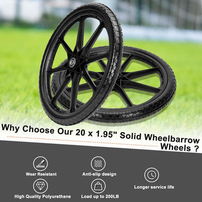 Upgraded 20x1.95" Flat Free Tires Compatible with rubber-maid Wheelbarrow Wheels, 20" Flat Free Tires with 3/4" Bearing Replacement for Cart Wheels/Big Wheel Utility Carts(3/4" Bearing)