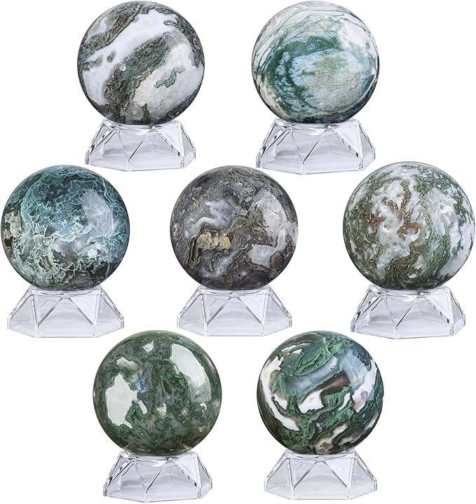 Natural Moss Agate Crystal Ball with Acrylic Display Base, 61-70mm Polished Stone Feng Shui Crystal Sphere Meditation Decoration for Home & Office