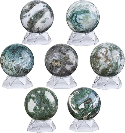 Natural Moss Agate Crystal Ball with Acrylic Display Base, 61-70mm Polished Stone Feng Shui Crystal Sphere Meditation Decoration for Home & Office