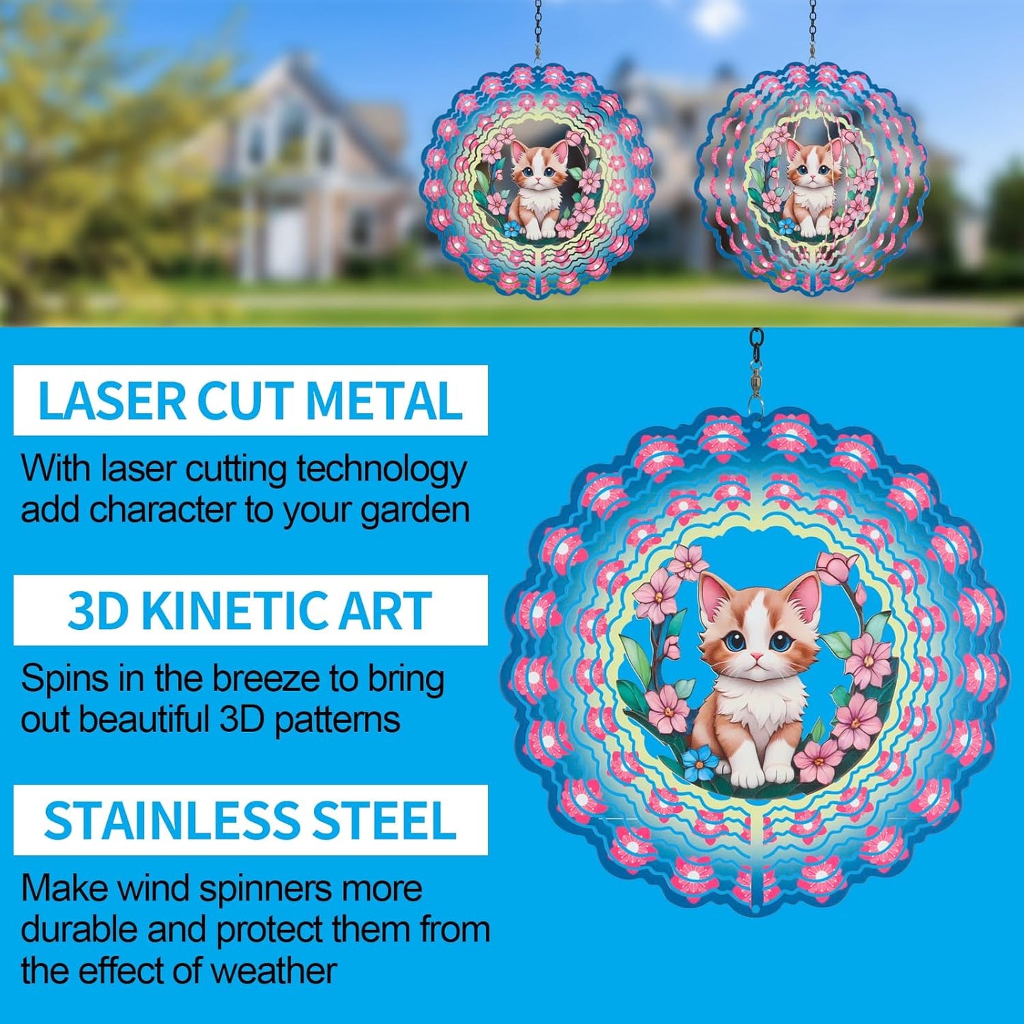 Metal Wind Spinners for Outdoor,Birthday Gifts for Women Mom Grandma, 12 Inch Cute Pink Cat Wind Spinner, Kinetic Sculpture Garden Decor for Ornament Gifts
