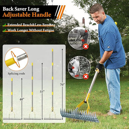 Thatch Rake for Lawns - 15in Dual-Action Dethatching Rake with 70'' Handle, Heavy Duty Manual Dethatcher & Scarifier Tool for Dead Grass,Moss,Weeds,Thatching Remover,Garden Yard Soil LooseningThatcher