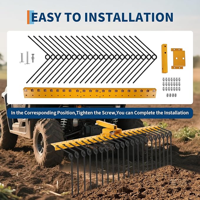 60 Inch Durable Pine Straw Rake Powder Coated Steel Landscape Rake Fits 2" Receiver for Lawn Tractors or ATV/UTV, Orange