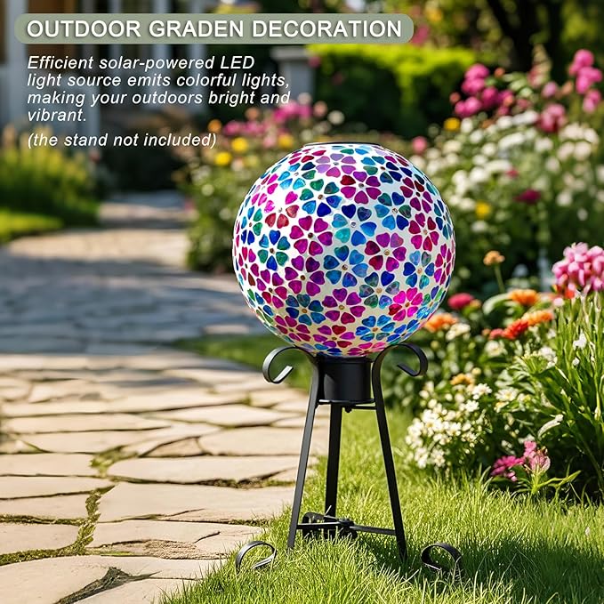 VOREEN Mosaic Solar Glass Gazing Ball, 10" Outdoor Multicolor Gazing Globe, Handmade IP44 Waterproof Garden Decor Sphere for Patio Lawn Yard, Gift for Mom Wife Friend, Heart Flower Design