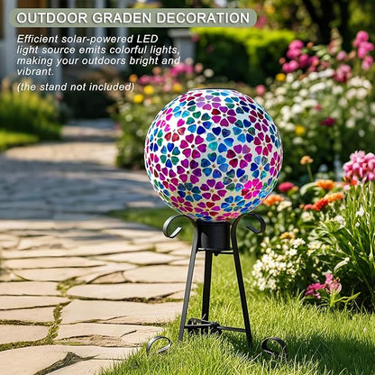 VOREEN Mosaic Solar Glass Gazing Ball, 10" Outdoor Multicolor Gazing Globe, Handmade IP44 Waterproof Garden Decor Sphere for Patio Lawn Yard, Gift for Mom Wife Friend, Heart Flower Design