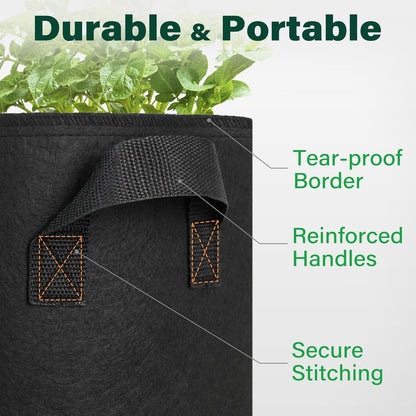 LotFancy 5 Pack 5 Gallon Grow Bags, Thickened Nonwoven Fabric Pots with Reinforced Handles, Heavy Duty 300G Aeration Planter Bags for Vegetables Flowers Fruits, Black