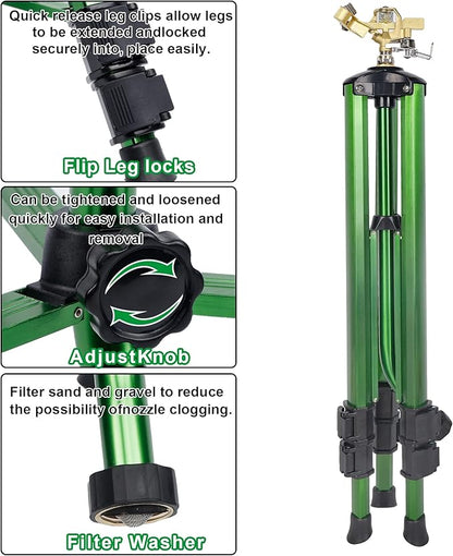 Biswing Impact Sprinkler Head on Tripod Base, Extends Up to 50 Inch Heavy Duty Lawn Sprinkler, 360 Degree Large Area Irrigation, Adjustable Coverage Brass Nozzle Alloy Metal Tower Sprinkler, 2 Pack
