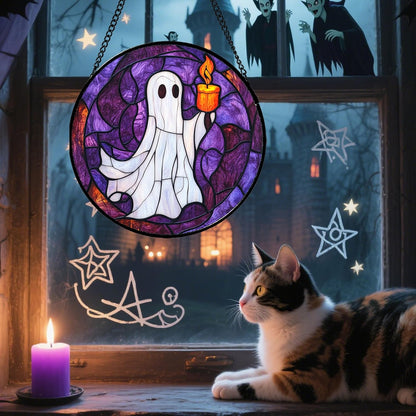 Stained Glass Window Hanging - Halloween Decorations Ghost Suncatcher for Doors Garden Indoor Spooky Funny Purple Sun Catchers Gothic Decor Horror Gifts for Women Men Friend 11.8 in