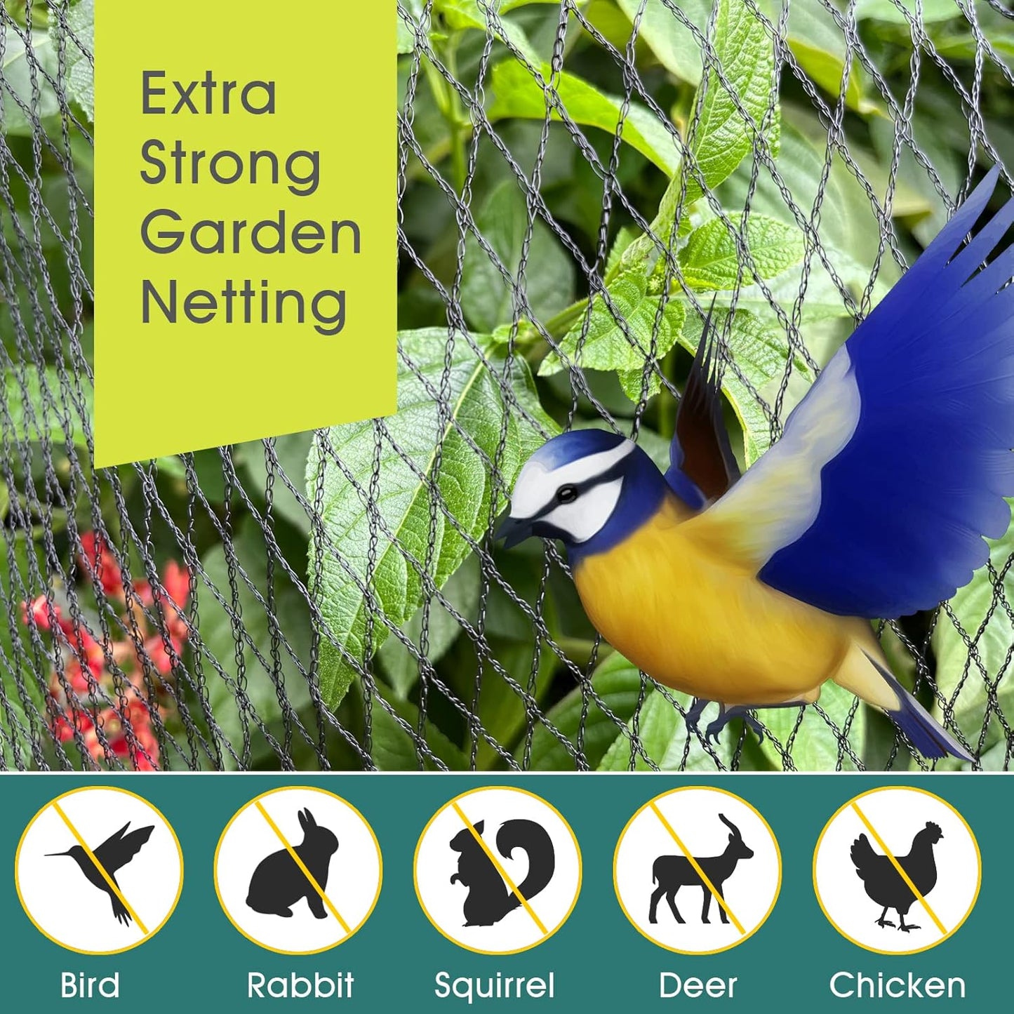 Bird Netting for Garden - 7.5 x 65 FT Heavy Duty Anti Bird Netting Mesh with Ties and Landscape Staples for Vegetable, Fruit Trees & Other Plants, Lasting Against Birds Deer Squirrels and Poultry