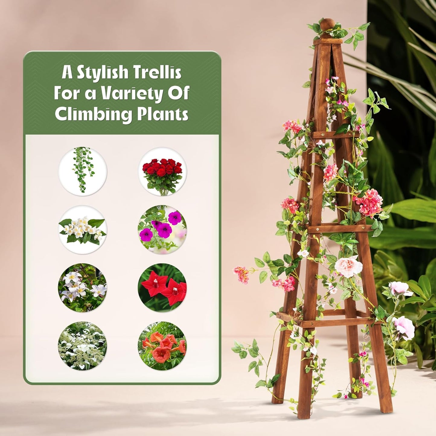 Idzo 61-Inch Wood Obelisk Trellis for Climbing Plants, Outdoor & Indoor Garden Decor, Light Brown, Durable, Space-Saving, Easy Assembly, Ideal for Patio & Yard – Upgraded 2025