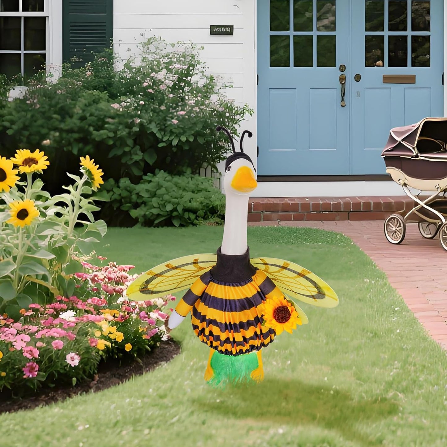JIAYAN Porch Goose Fall Outfit: 2Pcs Cute Yellow Bee Costume Set 23"/ 17" Lawn Goose Statue Clothes for Theme Party Garden Patio Yard Outdoor Decoration
