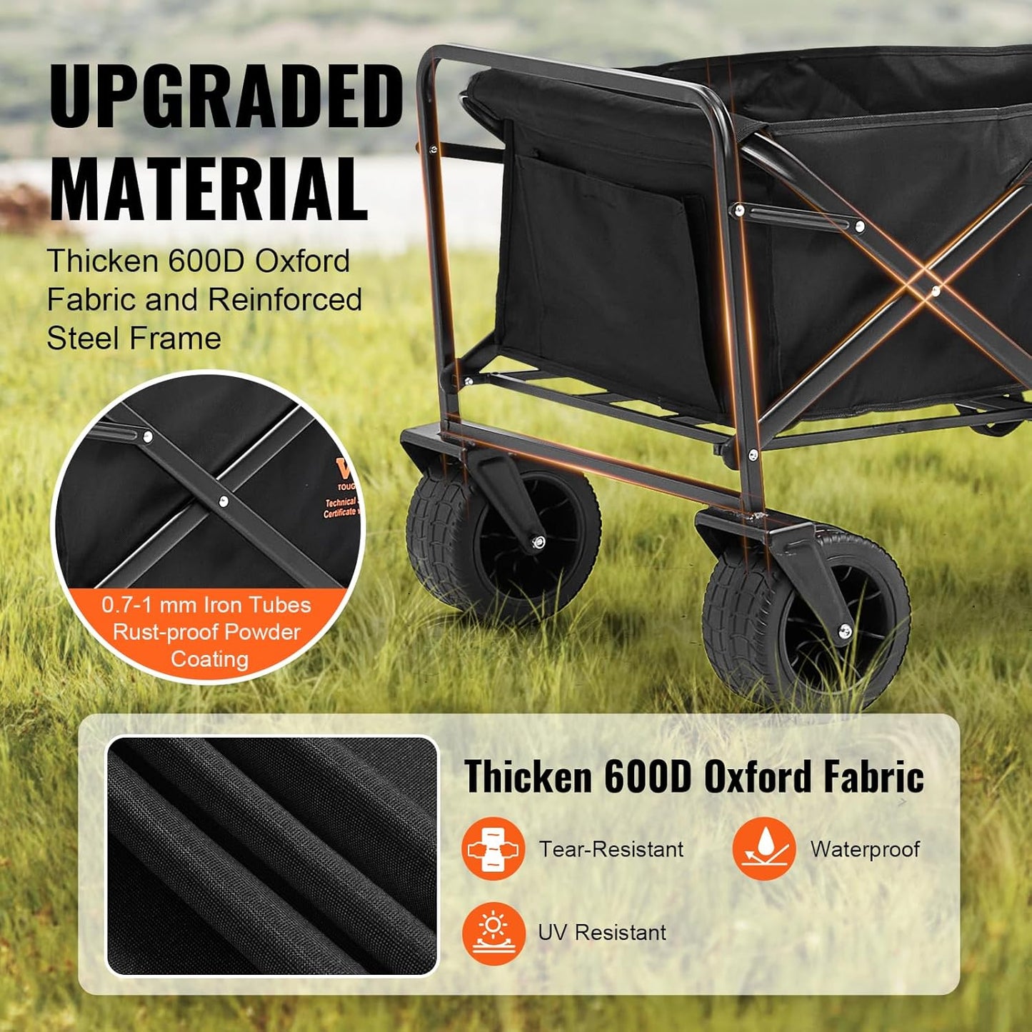 VEVOR 350lbs Collapsible Foldable Wagon Cart, Heavy Duty Foldable Utility Beach Wagon with Big Wheels, Portable Grocery Camping Cart with All Terrain Wheels and Drink Holder