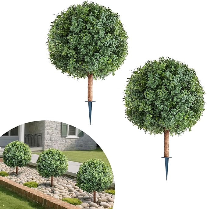 VEVOR Artificial Topiary Boxwood Trees with Ground Spike, 27 inch 2 Set Faux Shrubs & Bushes Potted Plants, Fake Silk Tree Look Real for Decor Front Porch Outdoor Indoor Patio Garden Balcony Backyard
