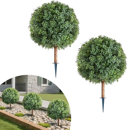 VEVOR Artificial Topiary Boxwood Trees with Ground Spike, 27 inch 2 Set Faux Shrubs & Bushes Potted Plants, Fake Silk Tree Look Real for Decor Front Porch Outdoor Indoor Patio Garden Balcony Backyard
