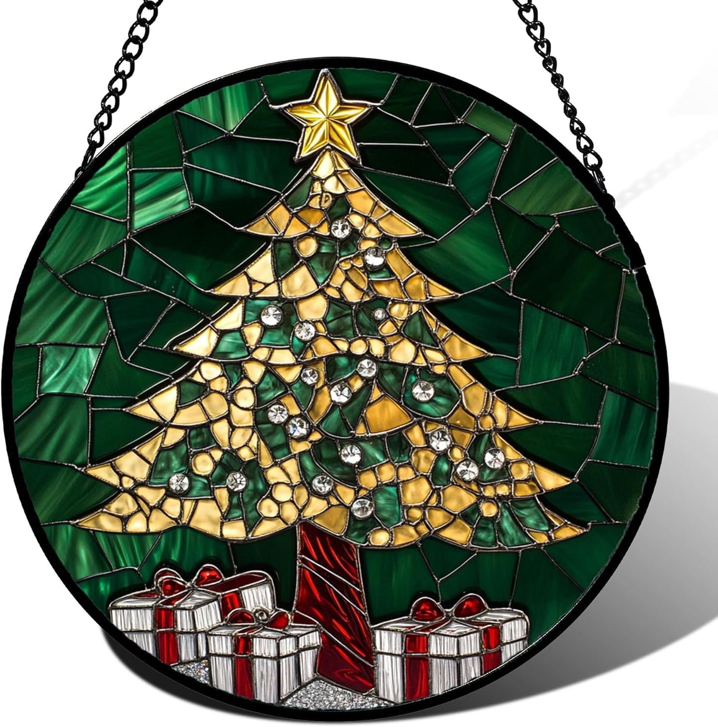 Stained Glass Window Hanging - Golden Christmas Tree Suncatcher for Doors Home Christmas Decoration Winter Sun Catcher Thanksgiving New Year Birthday Gifts for Women Men Mom Nana Girl 9.8 in