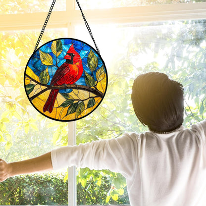 Stained Glass Window Hanging, Blue Sky Cardinal Sun Catchers Colorful Glass Panel Red Birds Suncatcher Decor for Birthday for Women, Men, Wife, Aunt, and Mom 9.8 in
