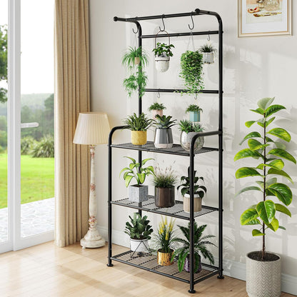 Plant Stand Outdoor Indoor, Metal 3 Tiered Tall Hanging Plant Shelf Heavy Duty for Multiple Flower Planter Holder 67" Large Rack for Living Room Garden Balcony, Black