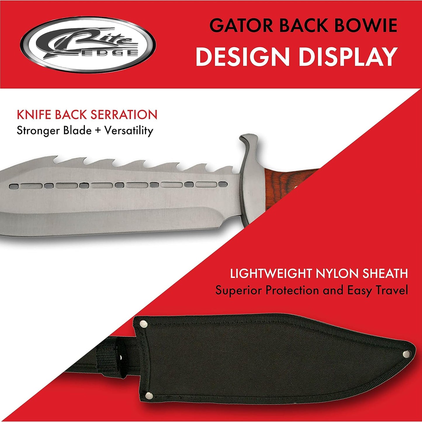 SZCO Full Tang Gator Back Skinning Knife 15 Inch - Camping Knife with Wood Handle & Sawback Stainless Steel Blade with Sheath - Pocket Knife for Hunting, Camping & Outdoor Uses - Knives for Men