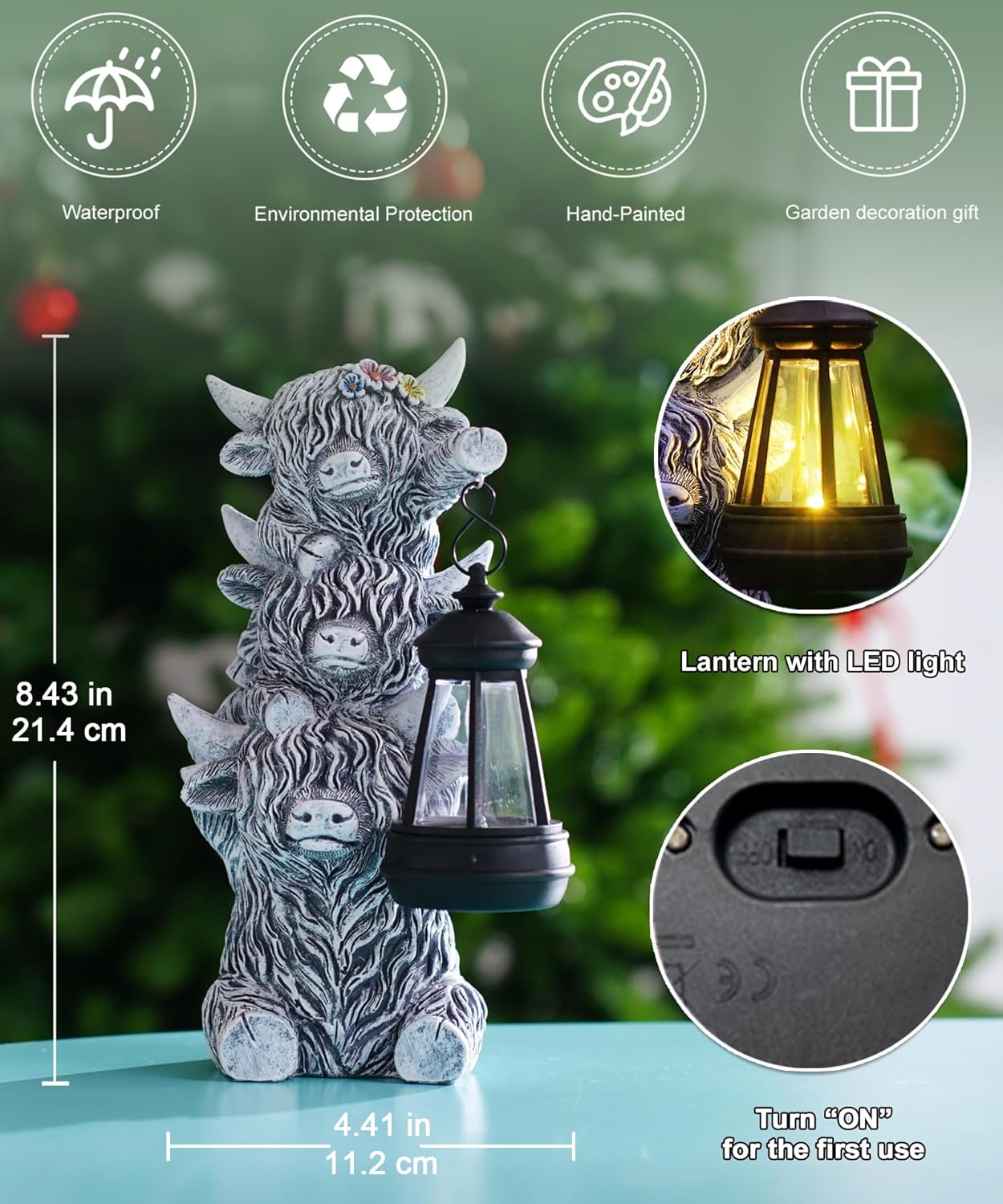 Solar Highland Cow Outdoor Decor:Garden Statue Outside Lantern Ornaments for Yard Lawn Patio Porch- Unique Gifts for Mom Women Grandma(Grey)
