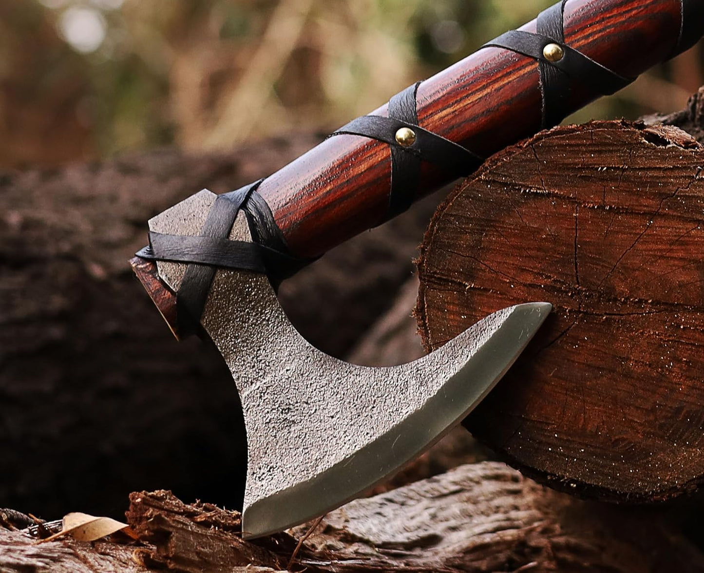 WAZIR Crafts Viking Axe | 17″ Hand-Forged Carbon Steel Tomahawk with Rosewood Handle & Leather Sheath, Bearded Axe for Camping, Bushcraft, Throwing, Gifts for Men (WCA‑015)