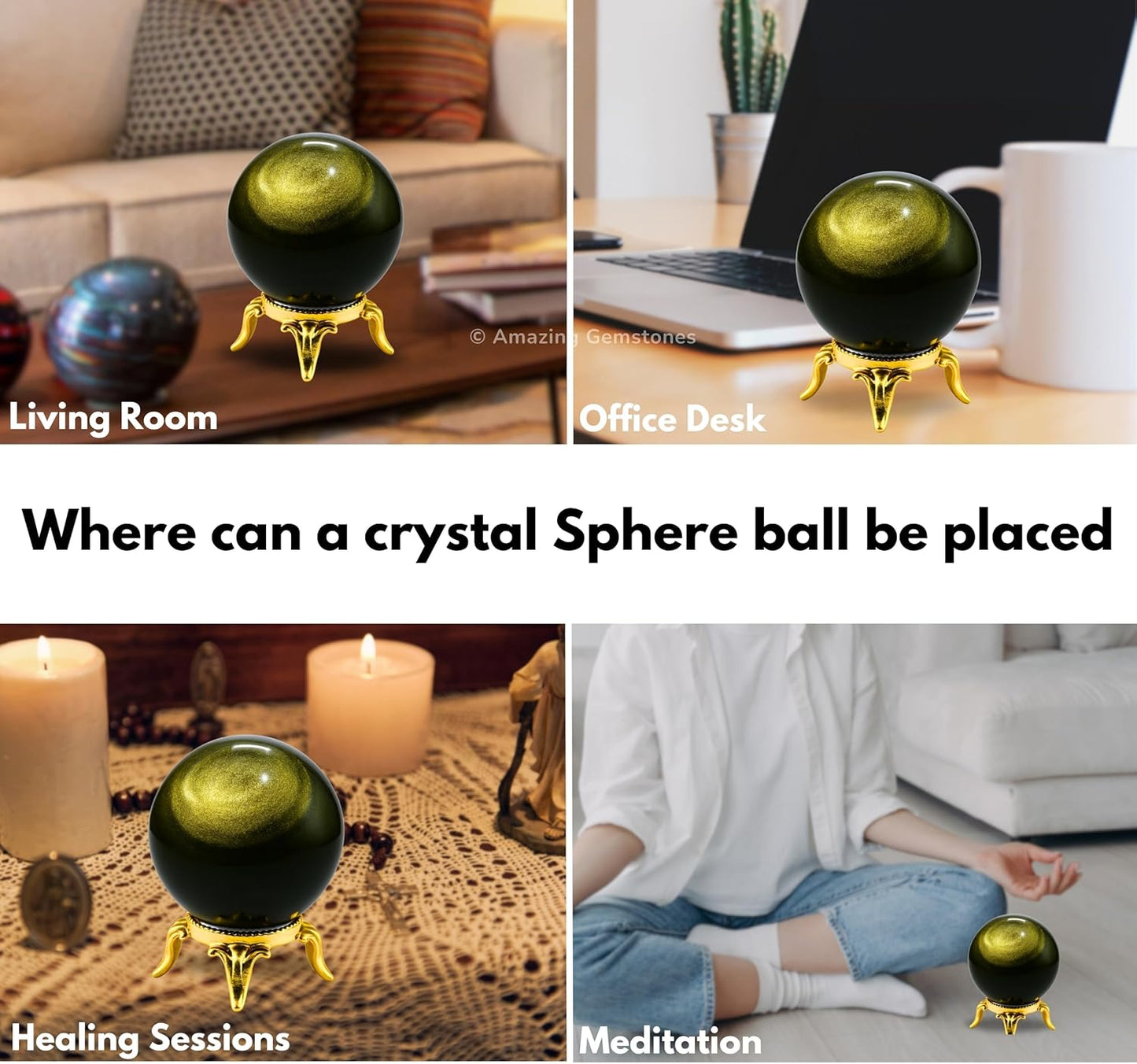 Amazing Gemstone Golden Sheen Obsidian Crystal Ball with Stand - 2 Inches Crystal Sphere Meditation Balls for Witchcraft and Decorative Balls