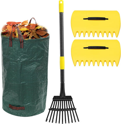 Rake for Leaves, 11 Tines 9" Wide Metal Leaf Rake with 32 Gallon Lawn and Leaf Bags & Scoops for Garden Adult Kids Lawn Shrub Yard Landscape Heavy Duty Long Handle 30-60