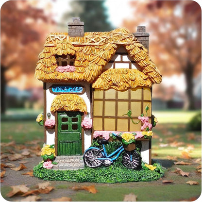 Rustic Thatched Flower Shop Resin Cottage – Fairy House Garden Statues Outdoor, Solar-Powered Warm Lights,Weatherproof, Spring Vines & Bicycle Décor,Perfect Home Gifts for Mom Wife Grandma