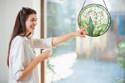 Lily of the Valley Stained Glass Sun Catcher - Handmade 7.87 inches stained glass window hanging decoration with green plant pattern, home decoration, a unique gift for colleagues, friends and family.