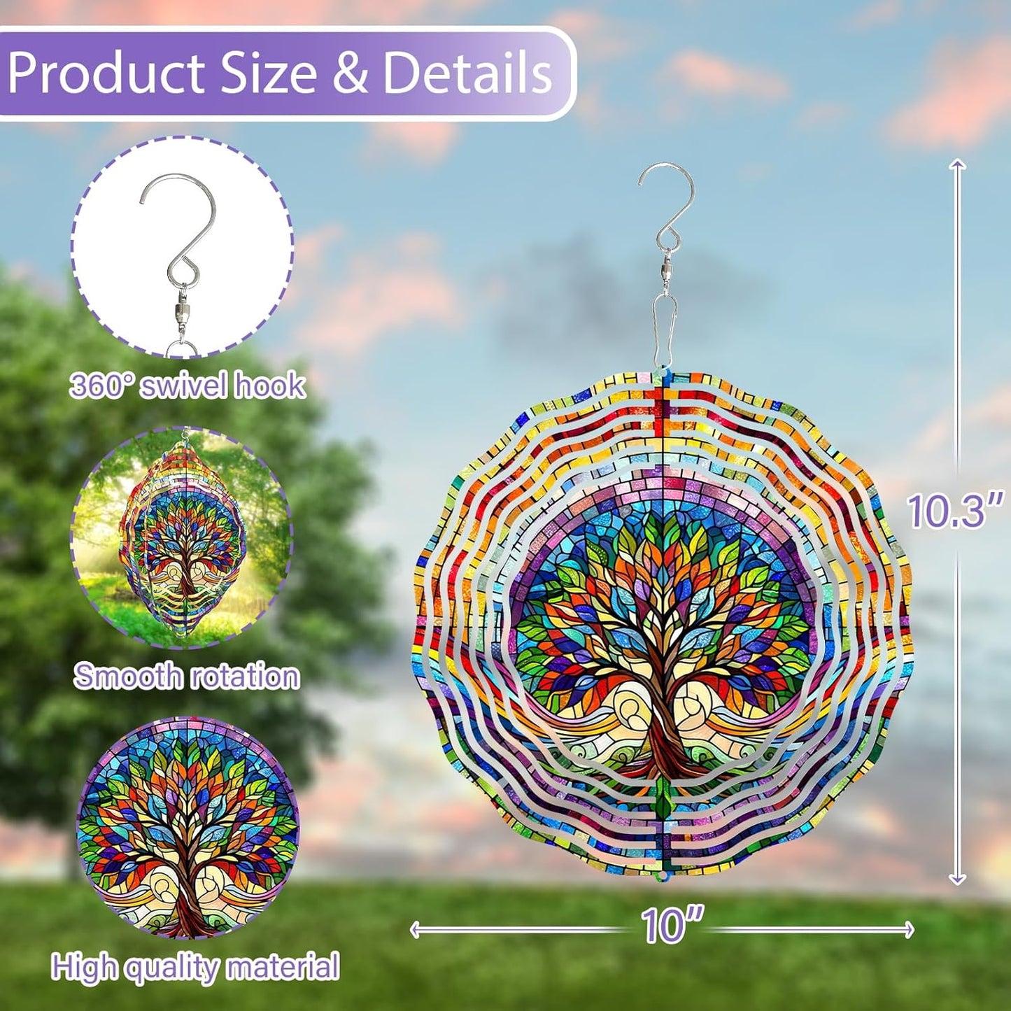 Tree of Life Wind Spinner 3D Stainless Steel Hanging Wind Spinners 10 Inch Stained Glass Style Multi-Color Kinetic Decor for Indoor and Outdoor Spaces Christmas