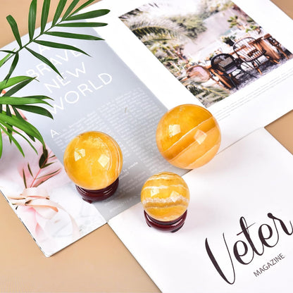 JIC Gem Large Yellow Fluorite Crystal Sphere Ball with Wooden Stand Yellow Healing Crystal Decorative Ball 90-100mm