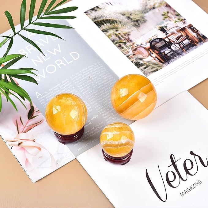 JIC Gem Natural Yellow Fluorite Crystal Sphere with Wooden Stand,Decorative Crystal Ball Yellow Gemstone Sphere for Meditation,Feng Shui,Witch-Style Decor,Table 70-80mm