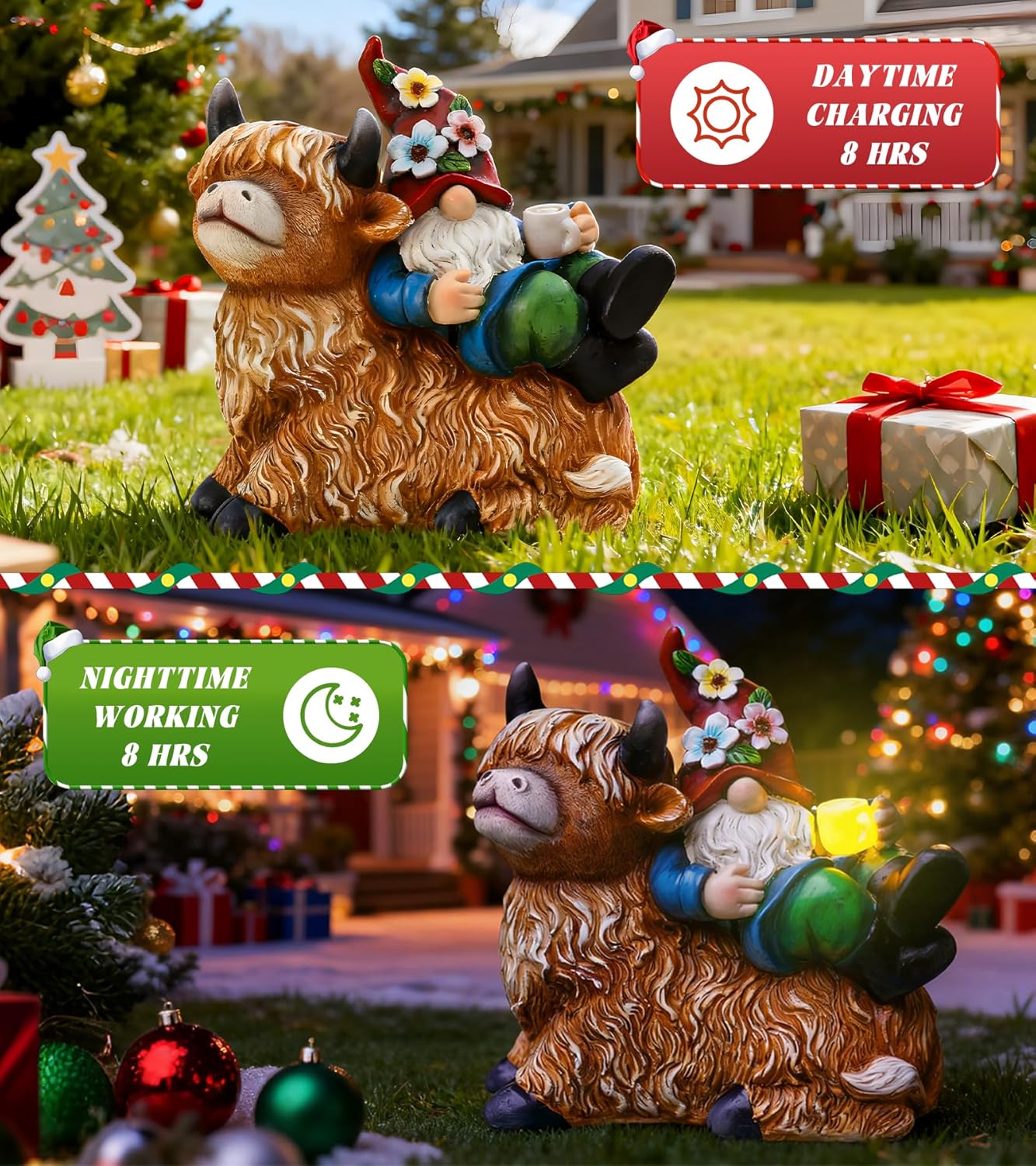 Garden Gnomes Decor Outdoor Statues Gnome on Highland Cow Hold Solar Cup Light Outdoor Decorations for Patio,Yard and Gift for Mom
