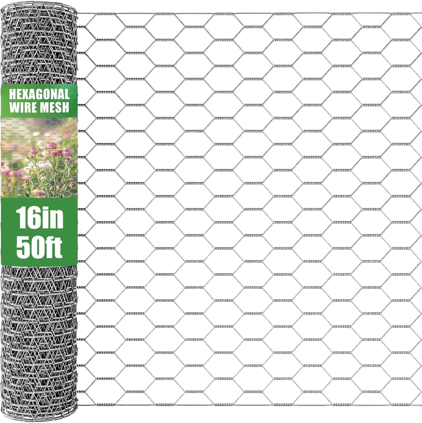 16in x 50ft Craft Chicken Wire Mesh, Hexagonal Galvanized Wire Mesh for Poultry, Floral Wire Netting for Protecting Garden Plants, Vegetables, Flowers and Fruits from Dogs, Rabbits and Squirrels