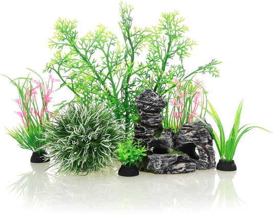 JIH Aquarium Fish Tank Plastic Plants and Cave Rock Decorations Decor Set 7 Pieces, Small and Large