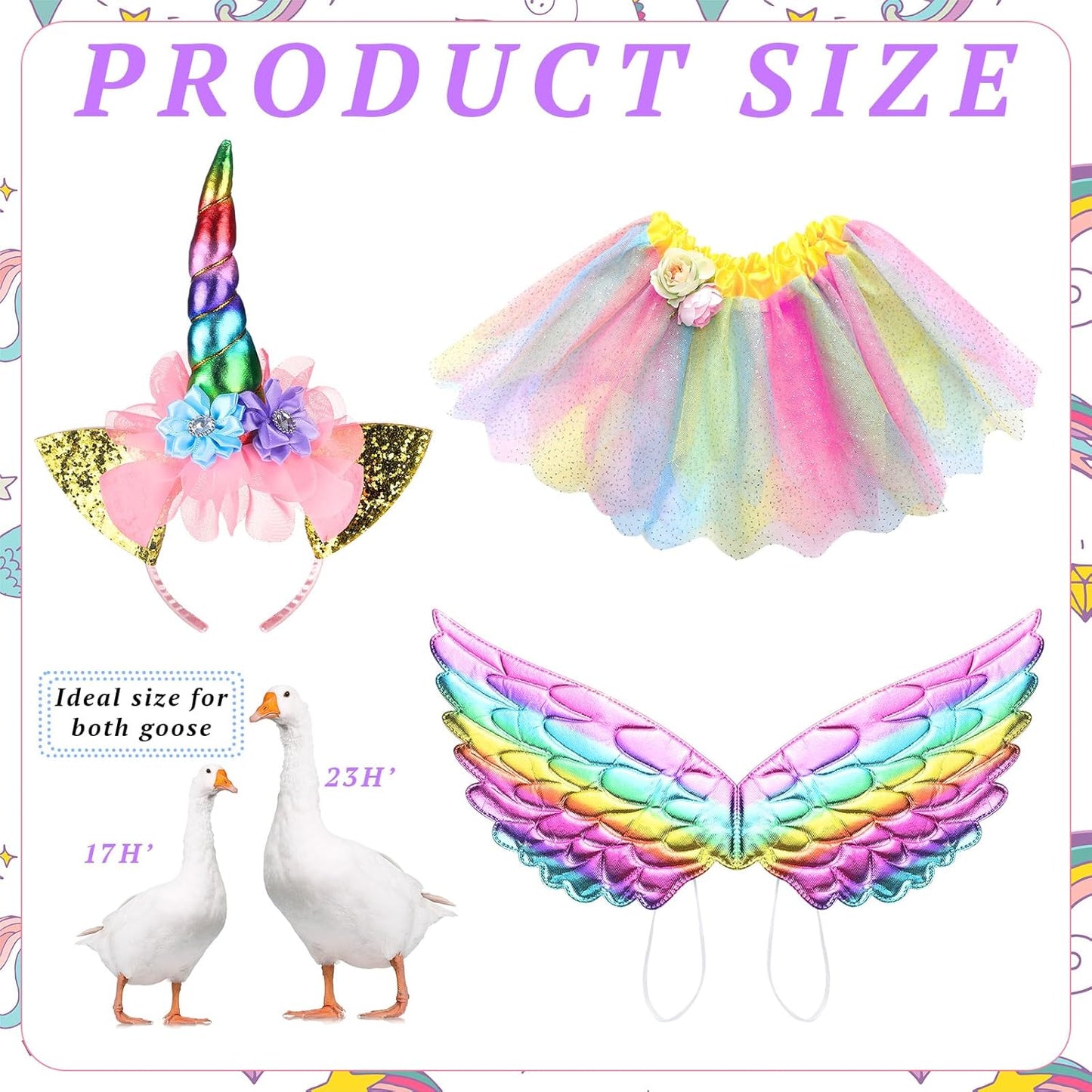Abbylike Unicorn Goose Outfits Halloween Porch Goose Costume for 23'' Cement Statue Unicorn Headband Tutu Skirt and Wing for Party Outdoor Yard Lawn Garden Patio Decor