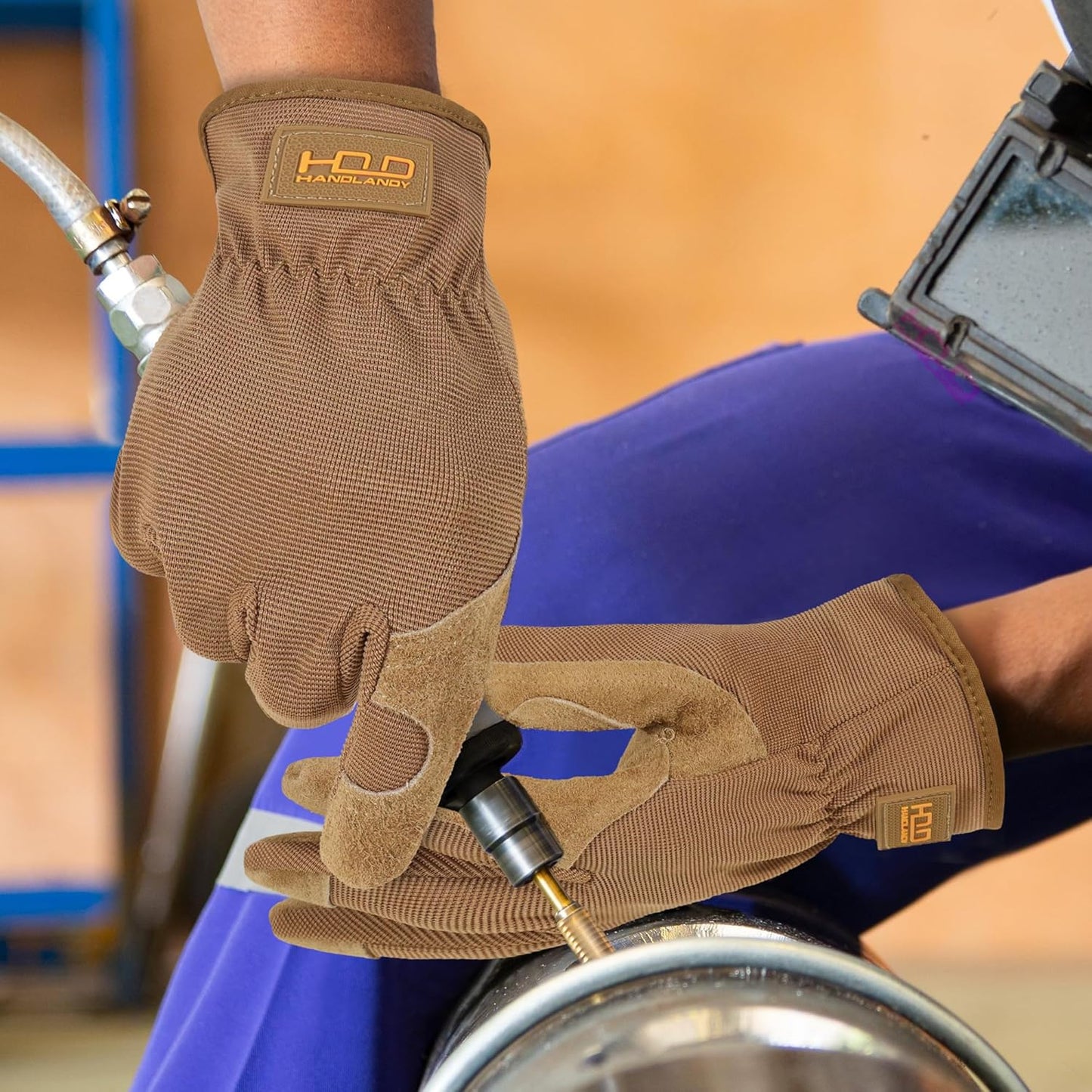 HANDLANDY Men Leather Gardening Gloves, Utility Work Gloves for Mechanics, Construction, Driver