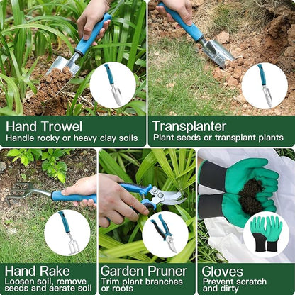 Housolution Gardening Tools Set, 8PCS Heavy Duty Garden Tools with Non-Slip Rubber Grip with Large Garden Bag for Aluminum Alloy Hand Tools for Gardening,Gardening Gifts for Women and Men, Blue+Black