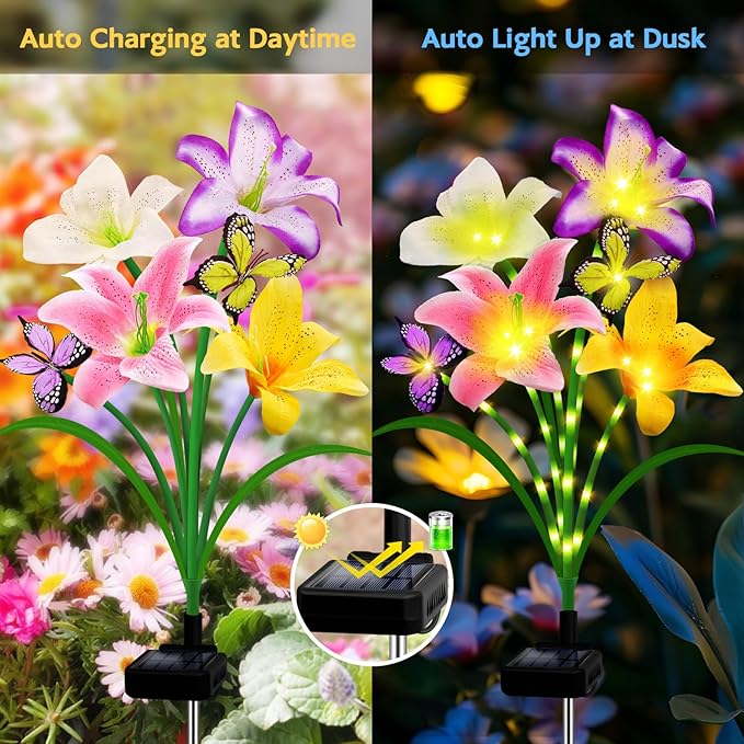 Solar Garden Lights 2 Pack 8 Lily Flowers with Butterfly Decor, Waterproof Solar Flower Lights for Outdoor - Upgraded Decorative Lilies for Yard, Patio, Pathway Decorations & Gardening Gifts