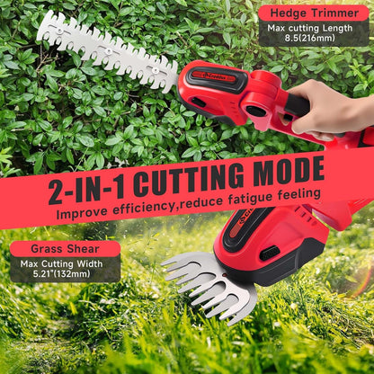 Cordless Hedge Trimmer, 2-in-1 Handheld Electric Hedge Trimmer/Grass Shears for Garden,Yard and Lawns, Shrub Trimmer with 2 PCS Rechargeable Battery&Charger (Red)