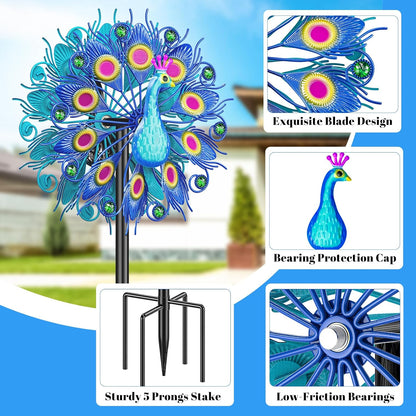 Metal Outdoor Wind Spinner, 2-Way Wind Sculpture Spinner with Metal Stake, Waterproof 360 Degrees Kinetic Windmill Art Decoration for Patio Garden Lawn (Peacock A)