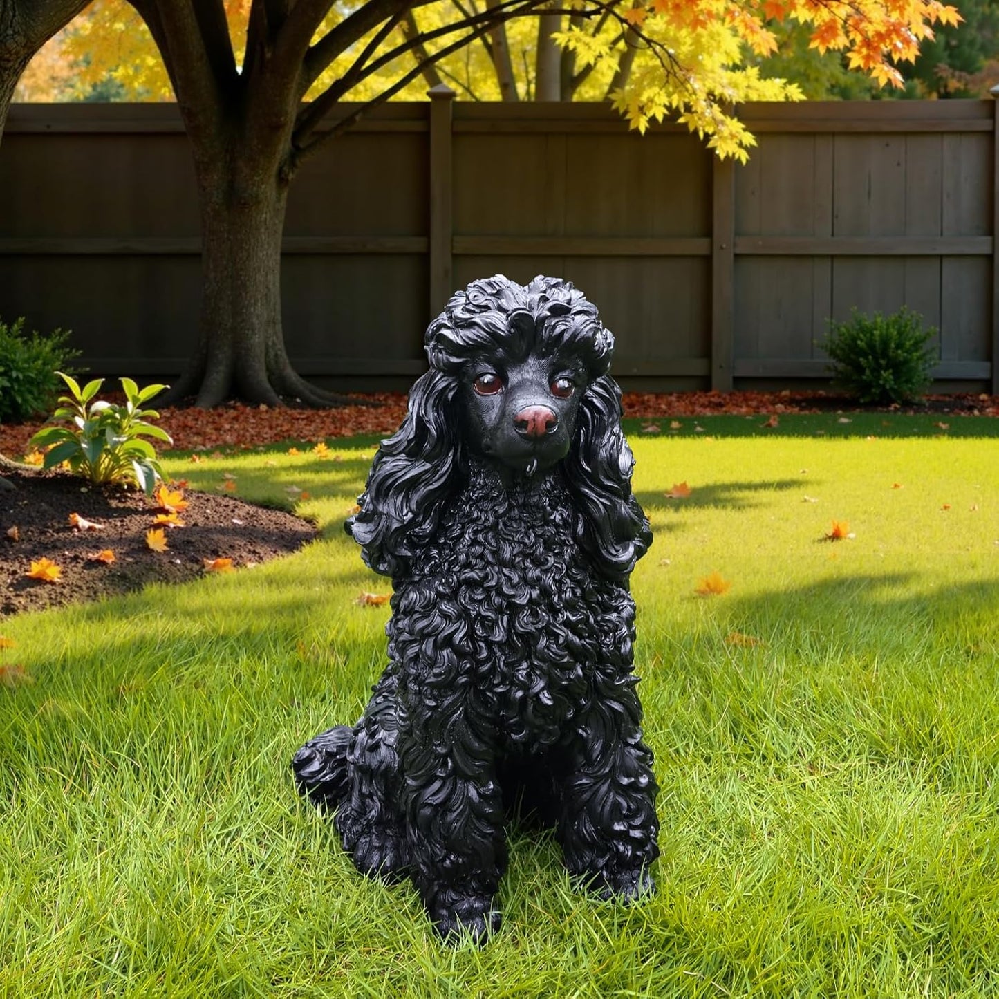 Porch Greeter Dog Statue with Flip-Over “Welcome/ON Patrol” Hanging Plaque and Solar Walkway Lantern, Black Sitting Poodle Yard Accent