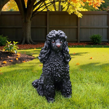Porch Greeter Dog Statue with Flip-Over “Welcome/ON Patrol” Hanging Plaque and Solar Walkway Lantern, Black Sitting Poodle Yard Accent
