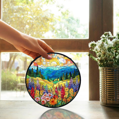 TNUW Flower Stained Glass Window Hanging, Cottagecore Sunset Colorful Wildflower Landscape Sun Catchers Indoor Window Glass Round Wall Art Decor, Floral Wall Hanging Decorations, 7.9＂x7.9＂