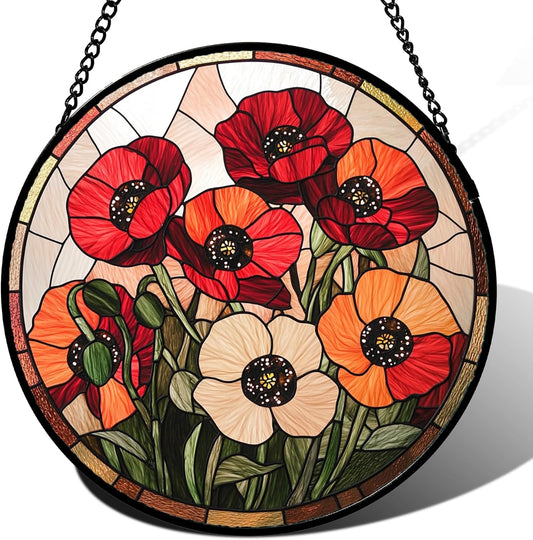 Stained Glass Window Hanging - Orange Red Poppy Flowers Suncatcher for Door Garden Yard Sun