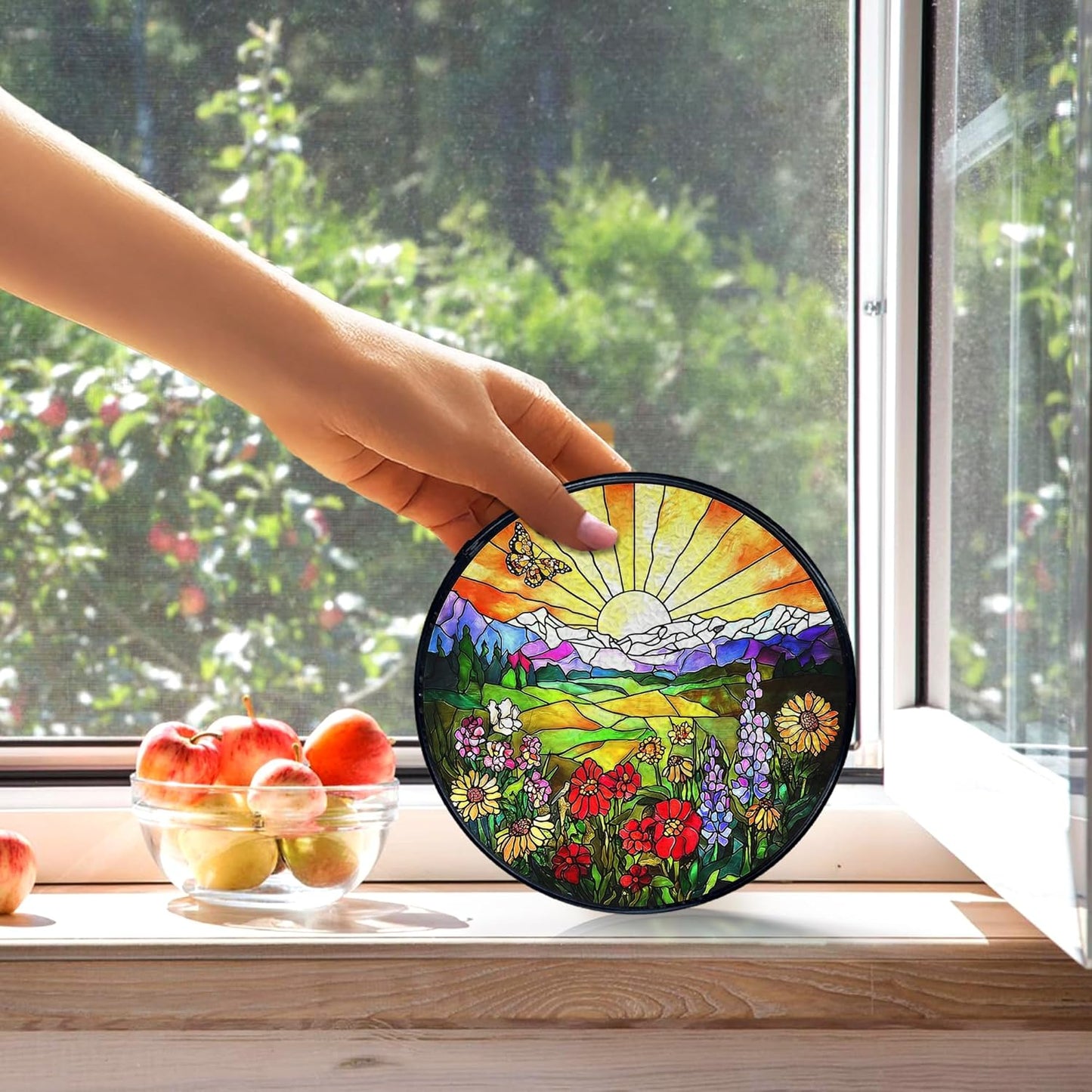 kdqua Sunshine Flower Suncatcher Stained Glass Window Hanging, Cottagecore Sunset Wildflower Sun Catchers Indoor Window Glass Round Wall Decor, Floral Wall Art Hanging Decorations Statues, 7.9x7.9in