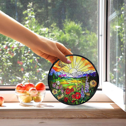 kdqua Sunshine Flower Suncatcher Stained Glass Window Hanging, Cottagecore Sunset Wildflower Sun Catchers Indoor Window Glass Round Wall Decor, Floral Wall Art Hanging Decorations Statues, 7.9x7.9in