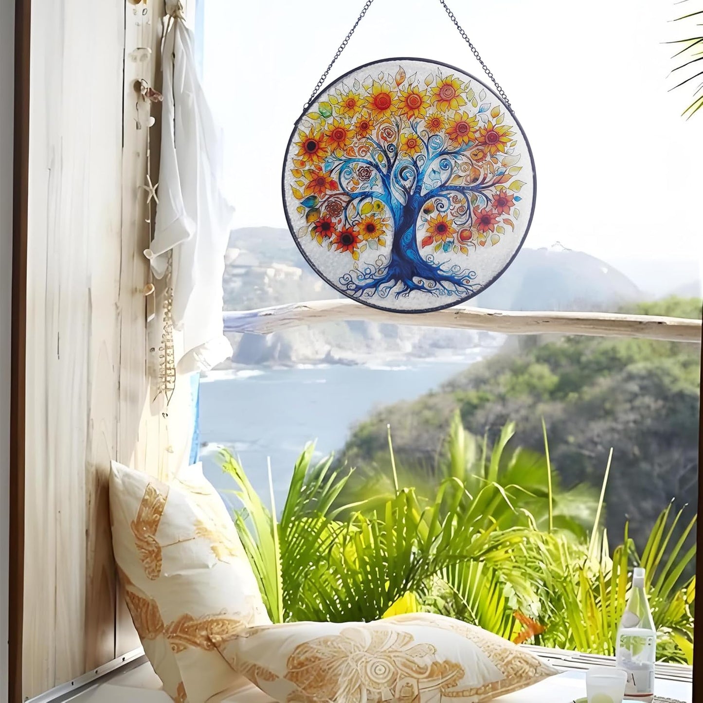 Tree of Life Stained Glass Window Hanging, Sunflower Tree Sun Catchers Indoor Window, 9.8'' Suncatchers for Windows Hanging Christmas, Birthday Gifts for Women, Men