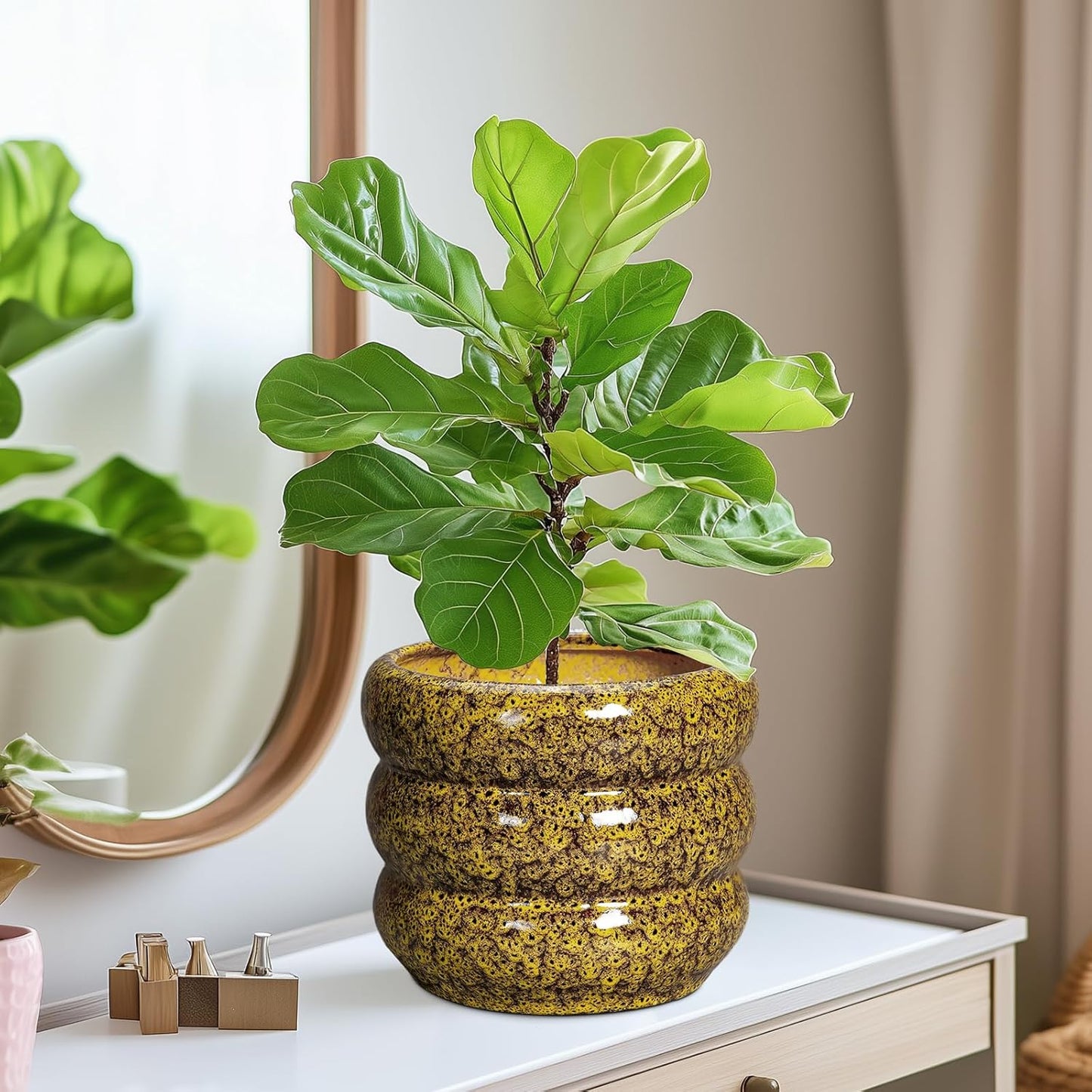 SQOWL Ceramic Planter - 8 Inch Indoor Plant Pot with Drainage Hole, Round Planter for Outdoor Plants, Ceramic Flower Pots, Bubble Planters, Home Room Porch Decor, Plant Lover Gifts, Yellow